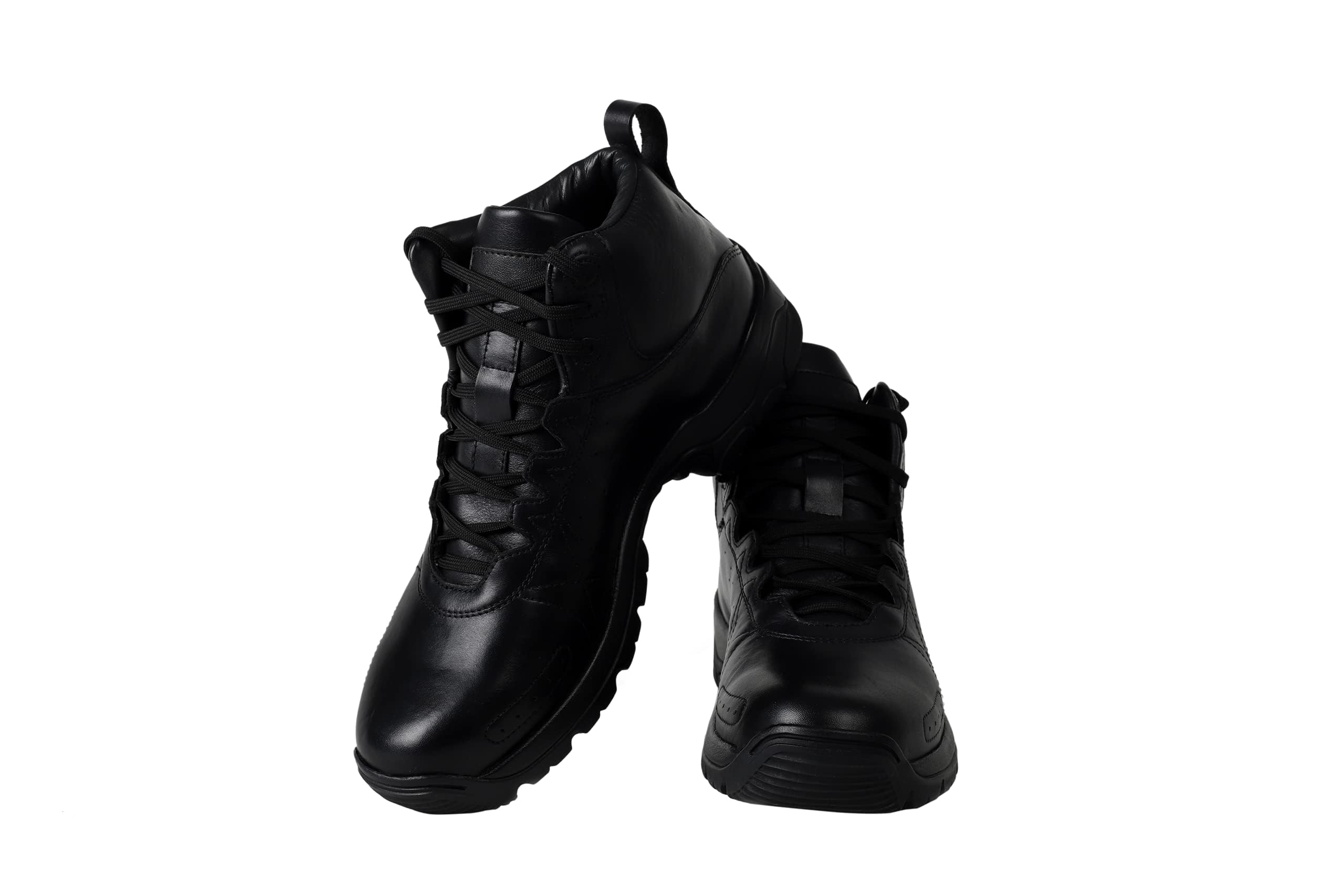 A pair of black leather military boots with a lace-up closure and a rubber sole.