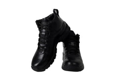 A pair of black leather military boots with a lace-up closure and a rubber sole.