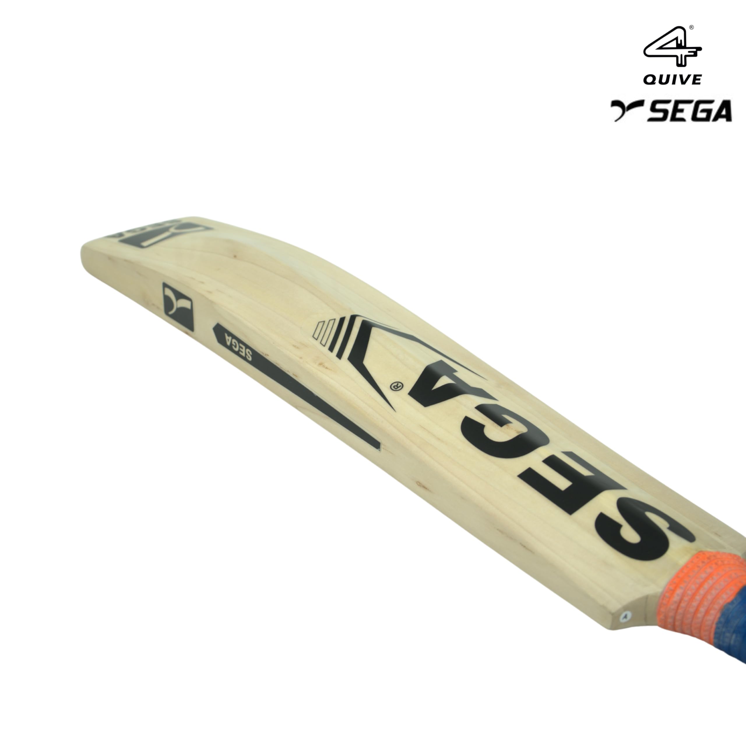 A pair of Sega English Willow cricket bats with blue grip handles, one with the Sega logo visible, and the other displaying the text '4' indicating the model number.