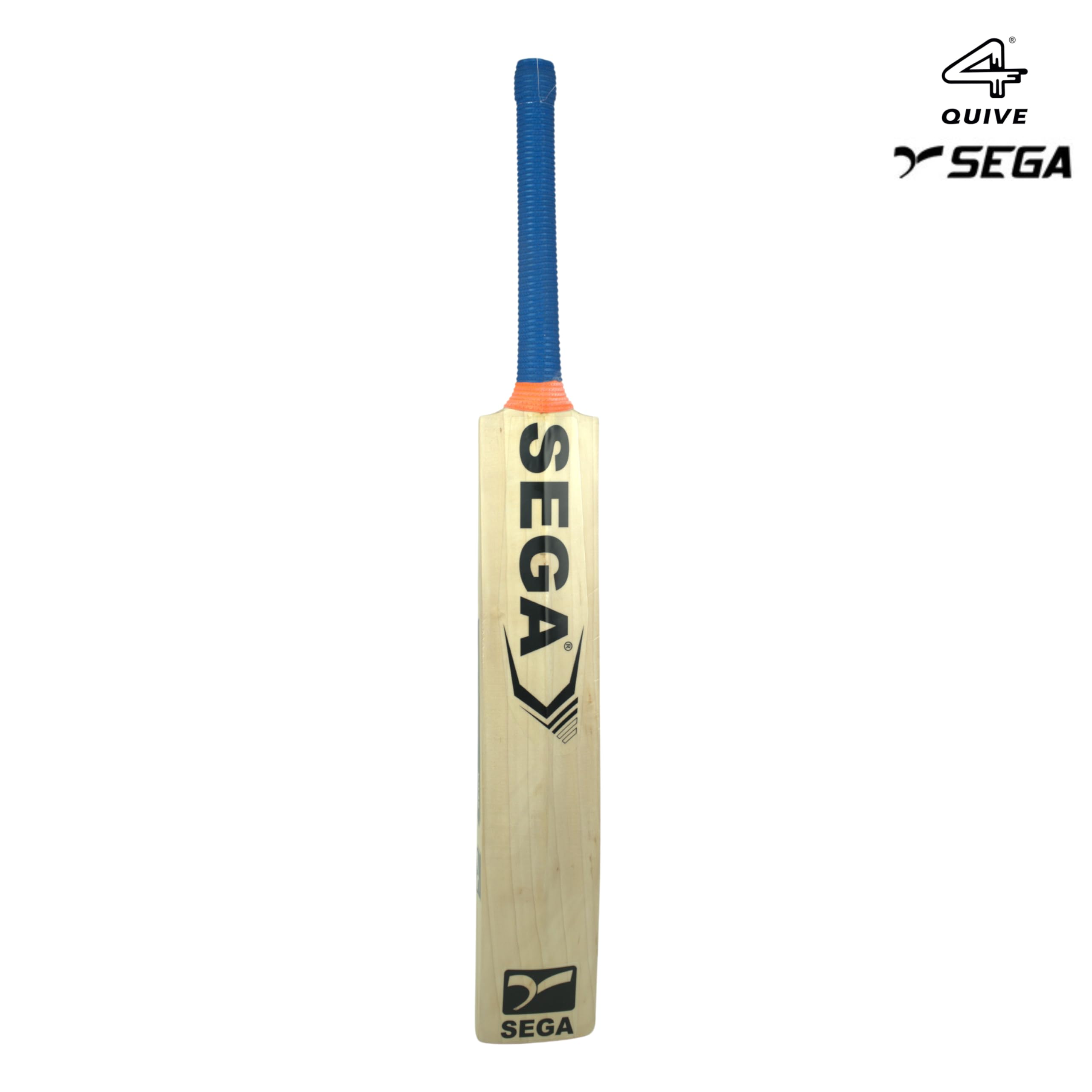 A pair of Sega English Willow cricket bats with blue grip handles, one with the Sega logo visible, and the other displaying the text '4' indicating the model number.