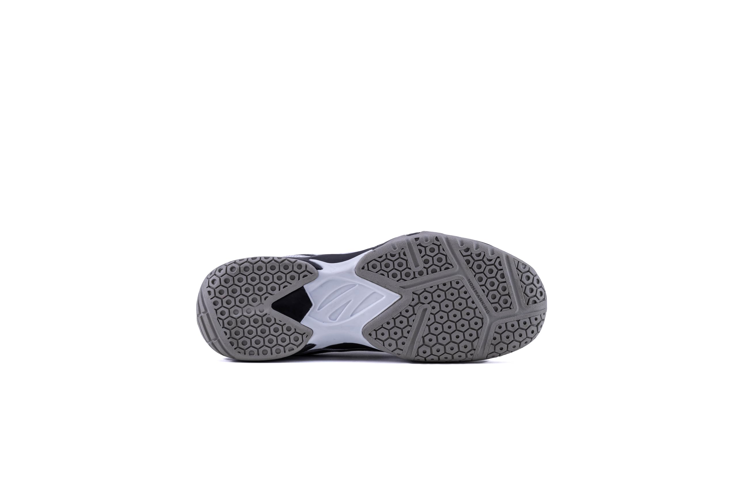 A pair of white QUIVE SEGA RP24 badminton squash court trainers with black accents and a textured sole.