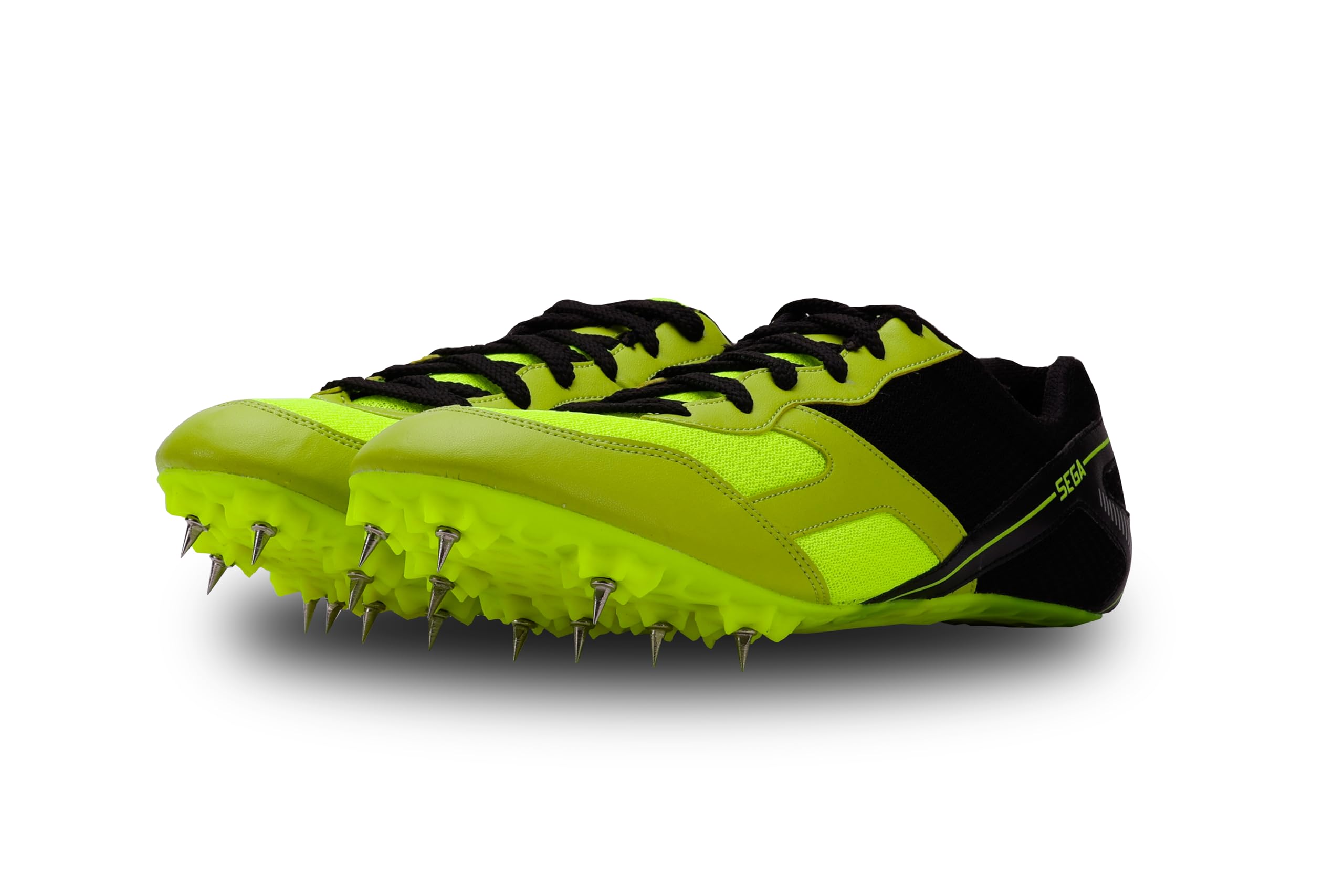 Bright green and black running shoe with cleats on a white background