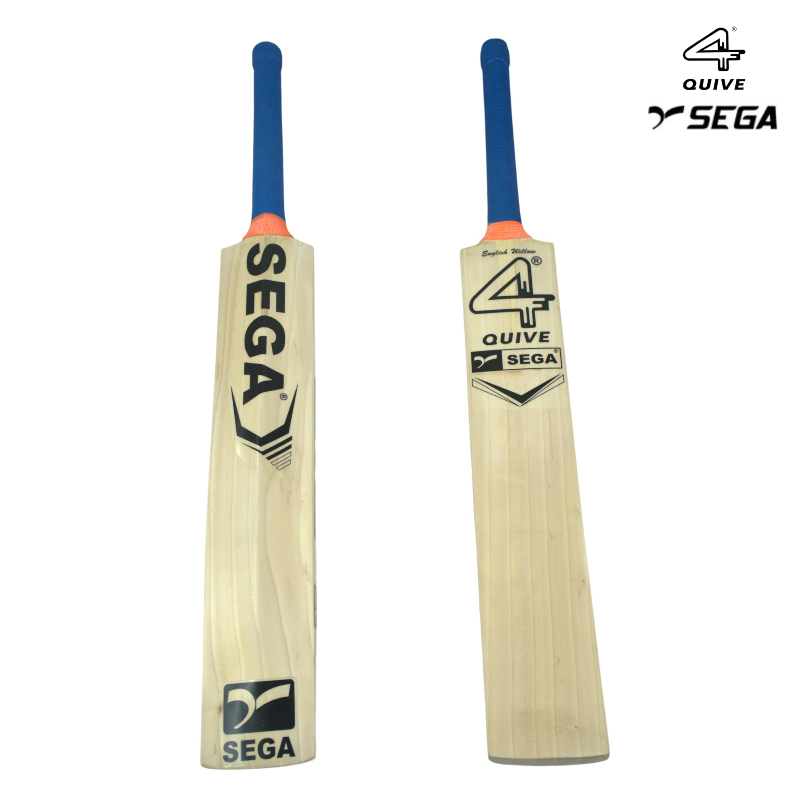 A pair of Sega English Willow cricket bats with blue grip handles, one with the Sega logo visible, and the other displaying the text '4' indicating the model number.