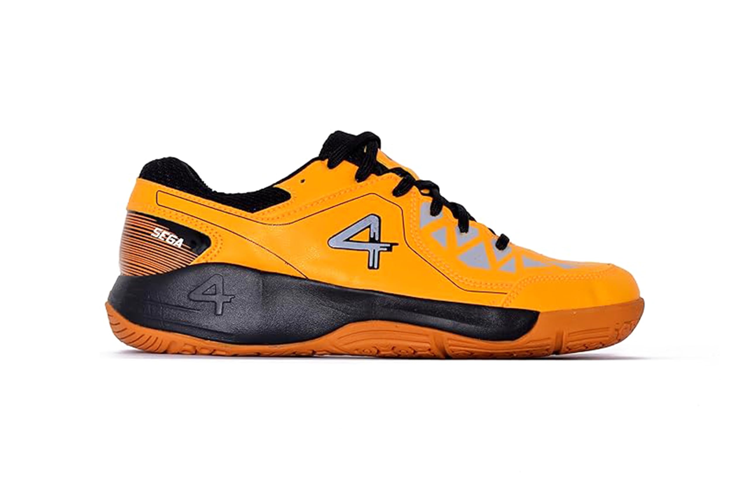Yellow sports shoe with black accents on a white background, badminton, squash, tennis, table tennis