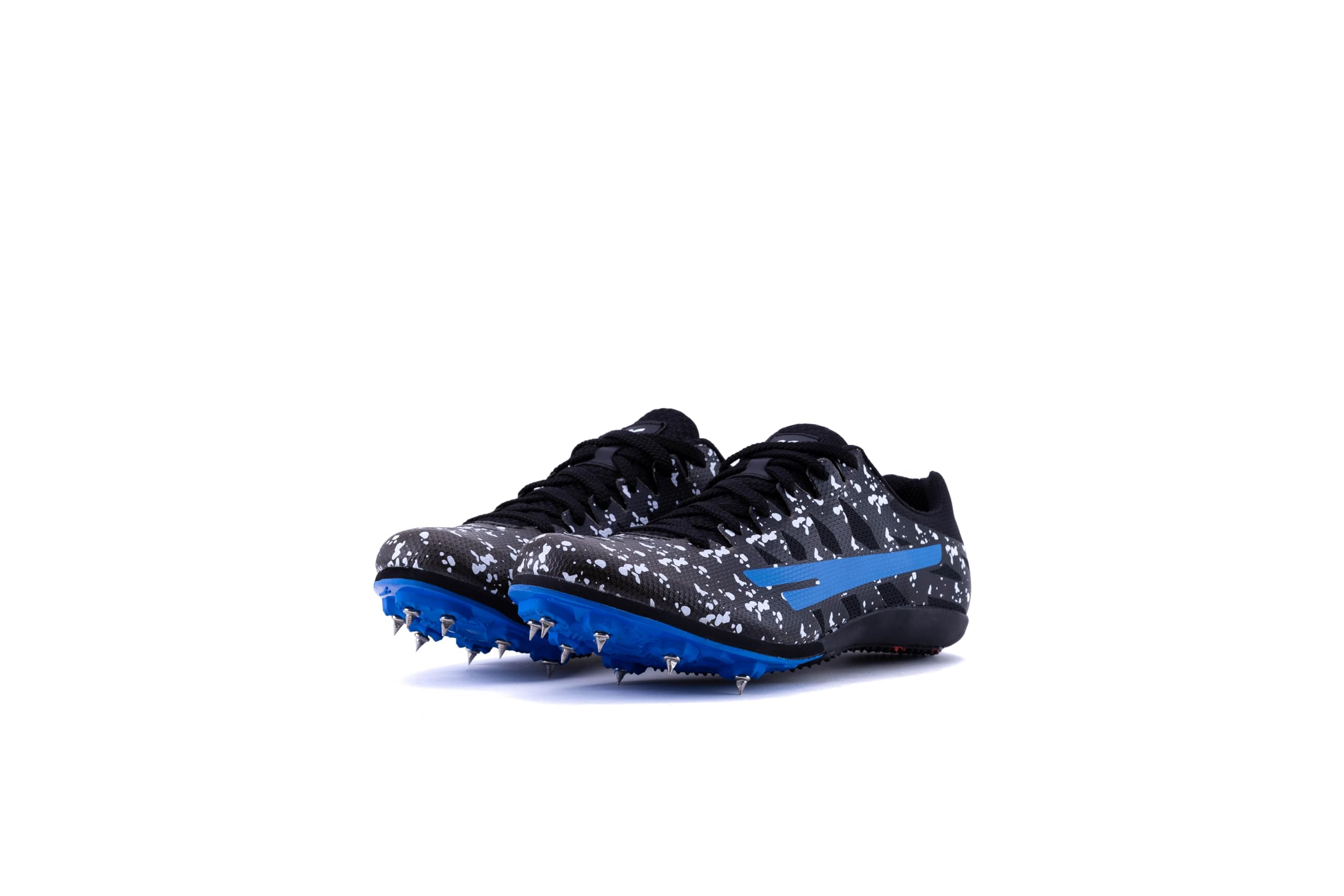 A pair of green and black Sega Aston AR 7 Metal Spikes athletic running spikes with metal spikes on the sole and a blue accent on the side.