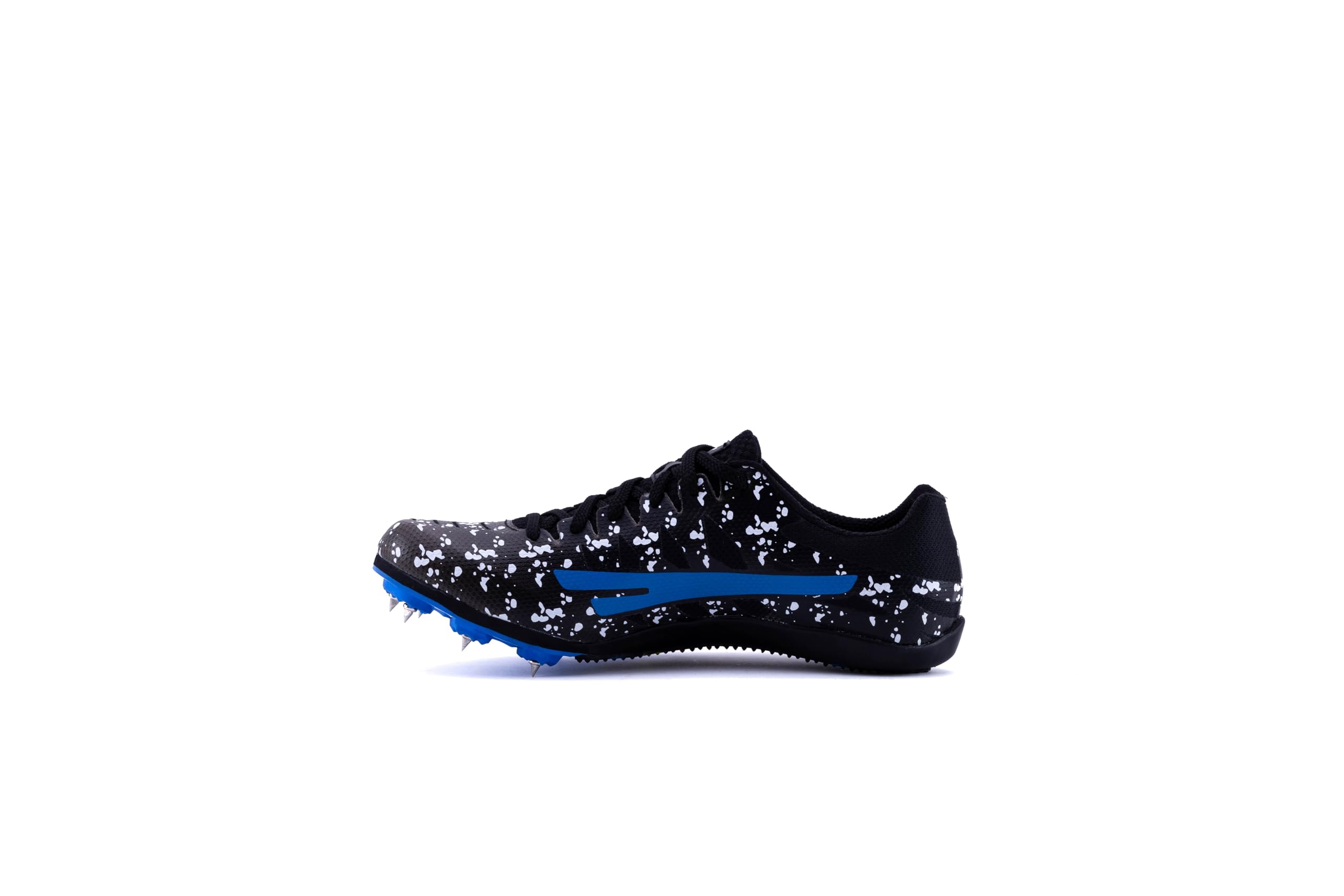 A pair of green and black Sega Aston AR 7 Metal Spikes athletic running spikes with metal spikes on the sole and a blue accent on the side.