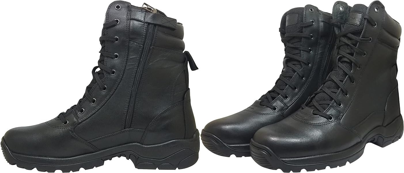 Black leather ankle boots with a lace-up closure and a rubber sole.