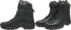 Black leather ankle boots with a lace-up closure and a rubber sole.