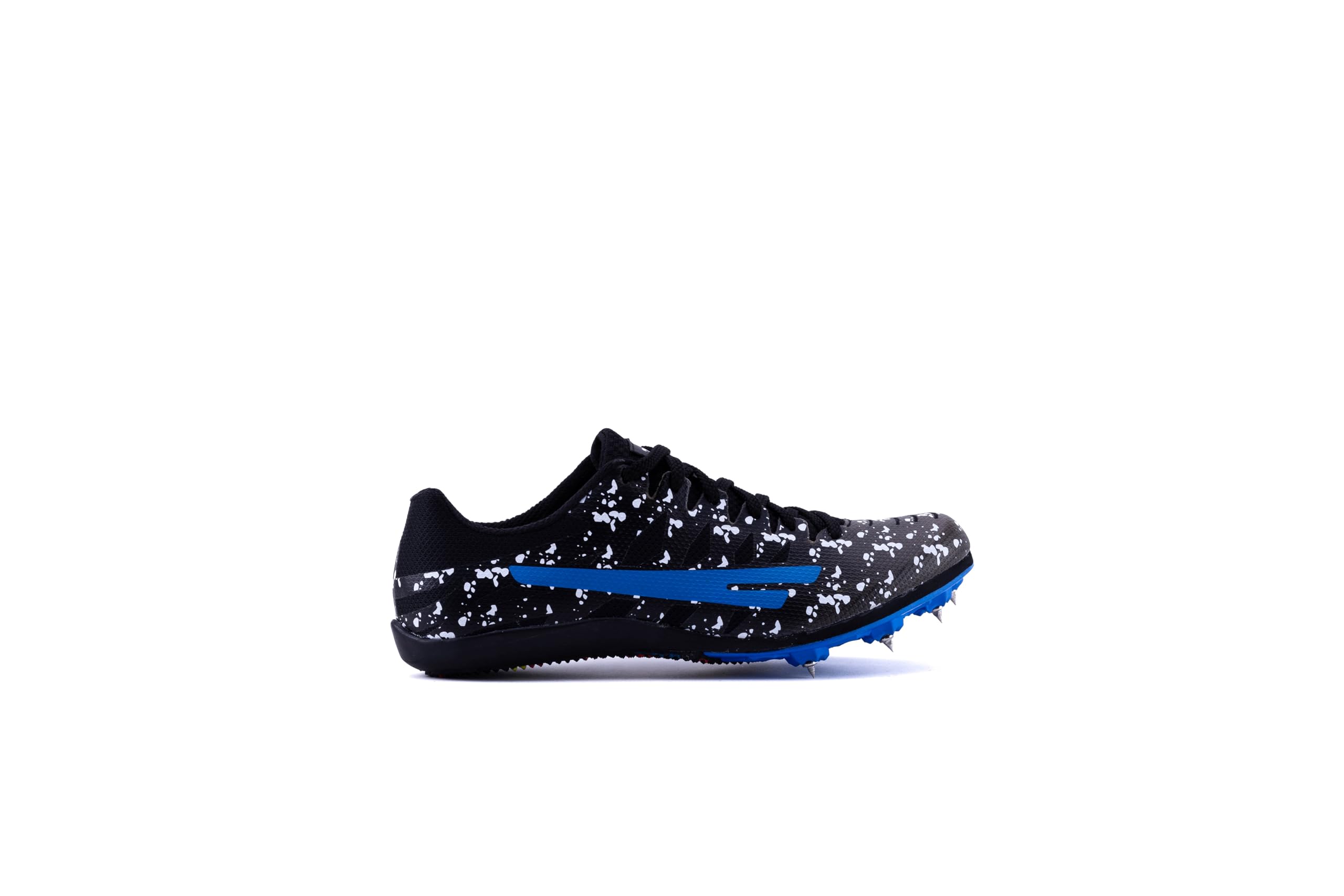 A pair of green and black Sega Aston AR 7 Metal Spikes athletic running spikes with metal spikes on the sole and a blue accent on the side.