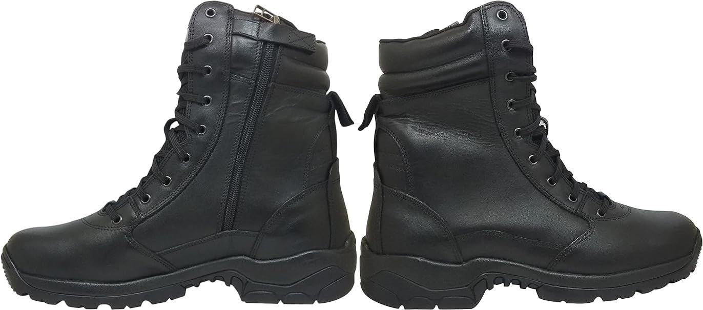 Black leather ankle boots with a lace-up closure and a rubber sole.