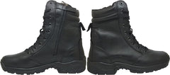 Black leather ankle boots with a lace-up closure and a rubber sole.