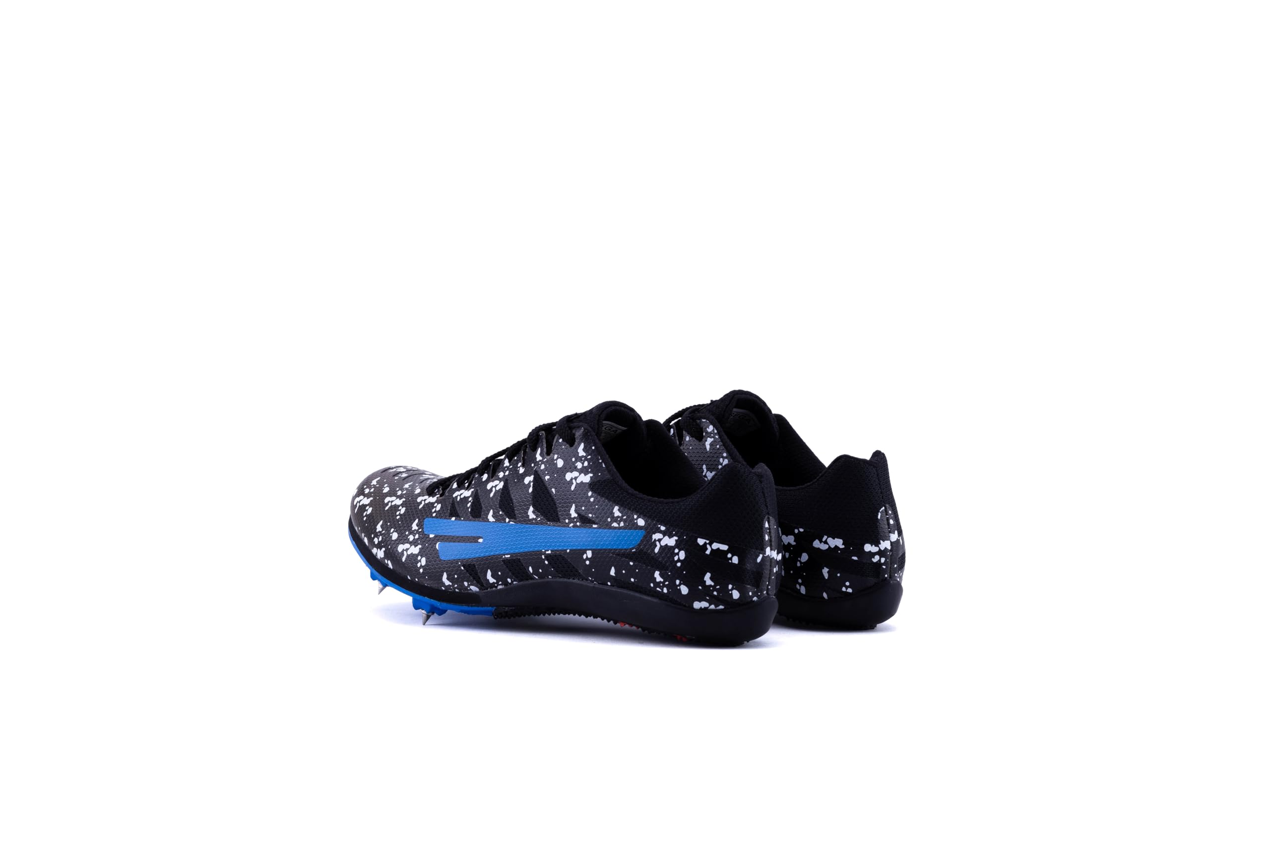 A pair of green and black Sega Aston AR 7 Metal Spikes athletic running spikes with metal spikes on the sole and a blue accent on the side.