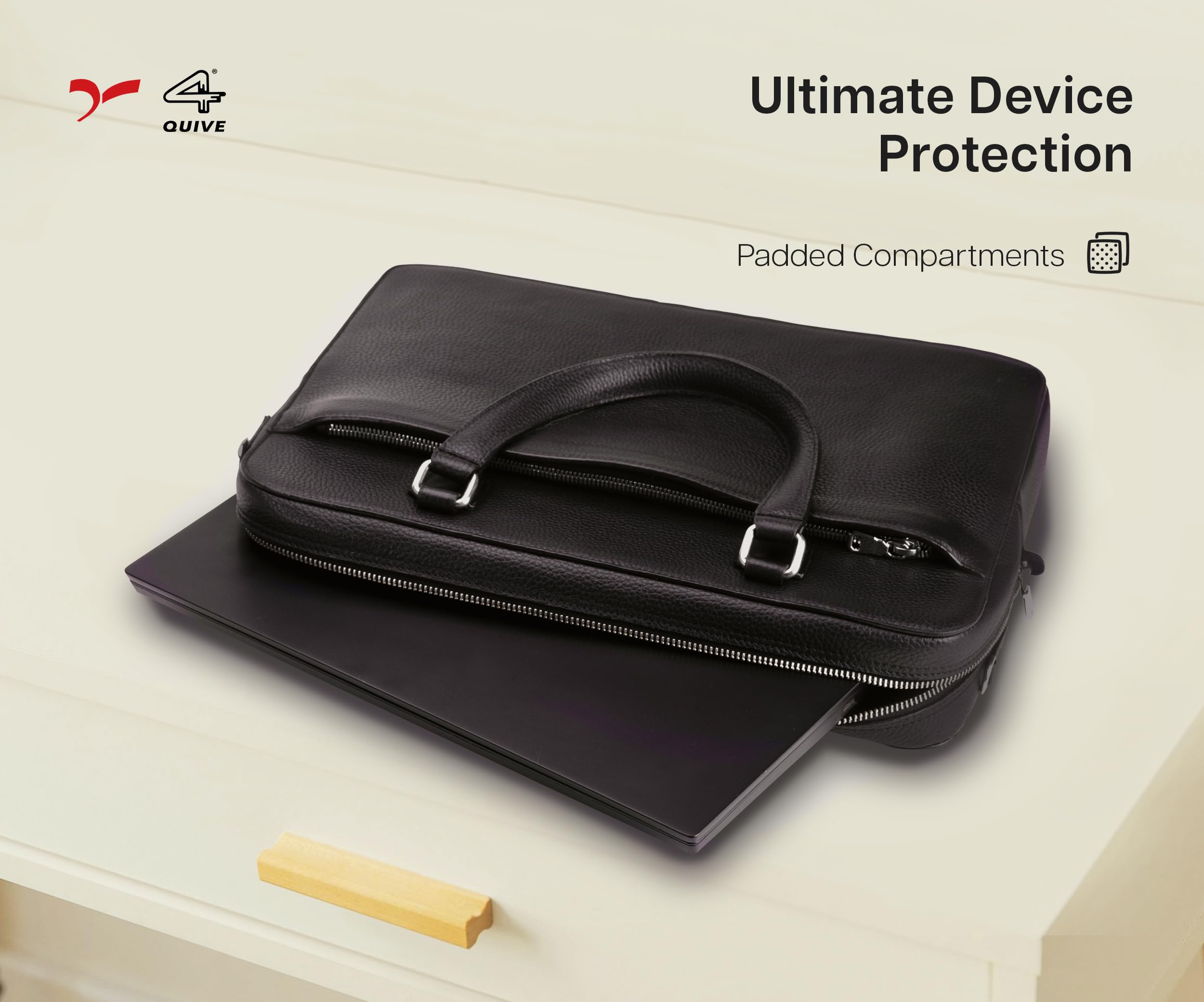 A black premium calf hand made leather laptop bag with a handle and a shoulder strap, featuring a sleek design and multiple compartments.