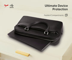 A black premium calf hand made leather laptop bag with a handle and a shoulder strap, featuring a sleek design and multiple compartments.