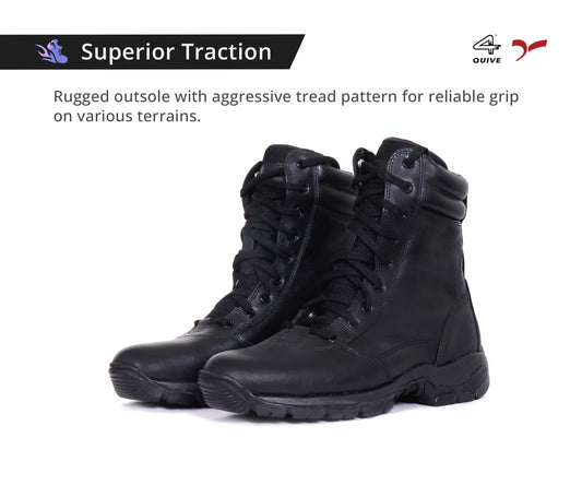 A pair of black mid-calf leather combat boots with lace-up closure and a sole designed for off-road and tactical use.