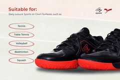 Black sports shoe with red accents on a white background, badminton, squash, tennis, table tennis