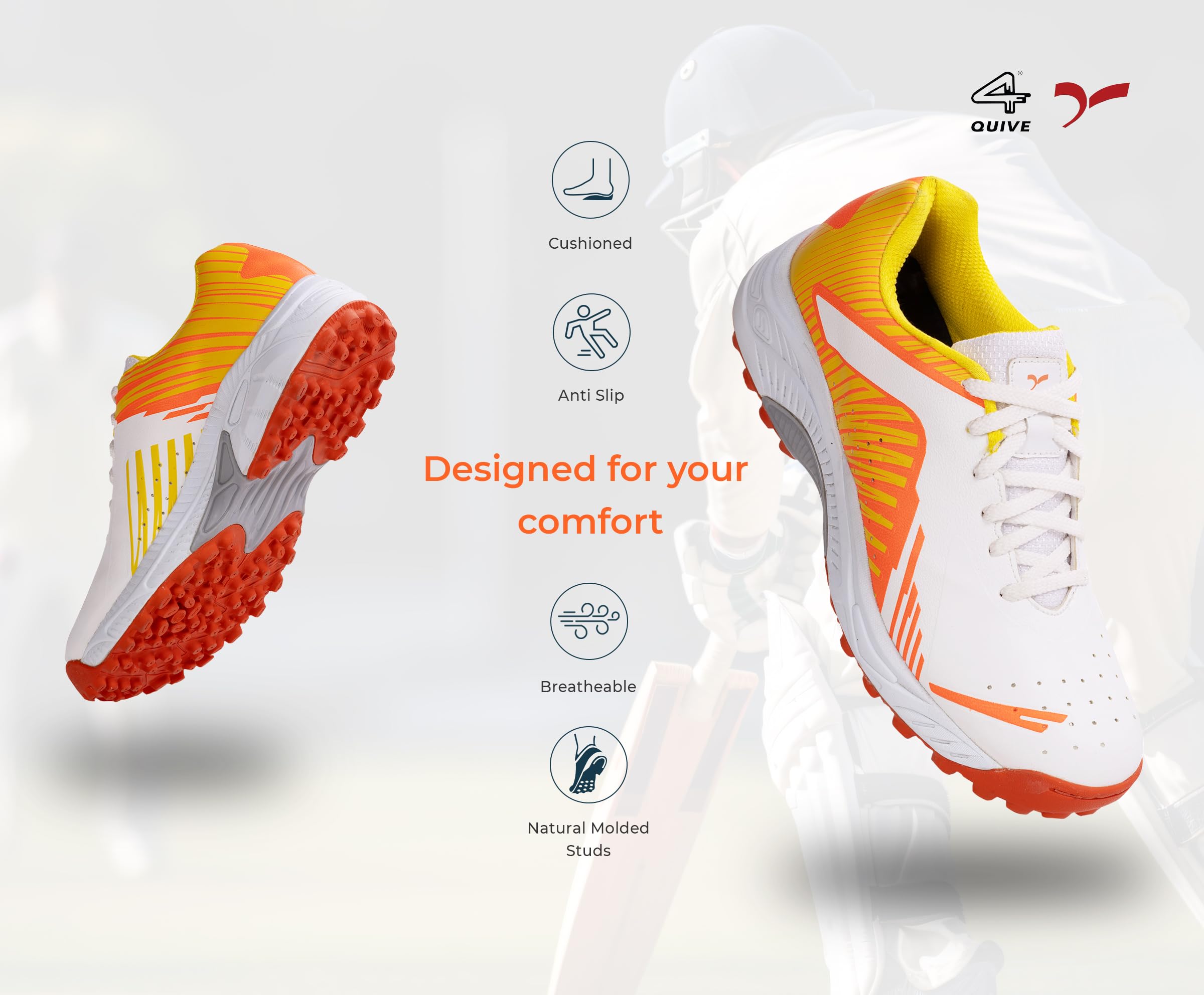 A pair of white, and orange cricket shoes with rubber studs and an lace up for support.