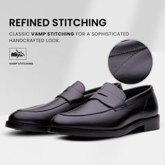QUIVE LONDON Bending Black Men’s Penny Loafers – Premium Leather Slip On Shoes for Men, Smart Casual Formal Footwear, Cushioned Insole, Durable Rubber Sole, Wrinkle Resistant,