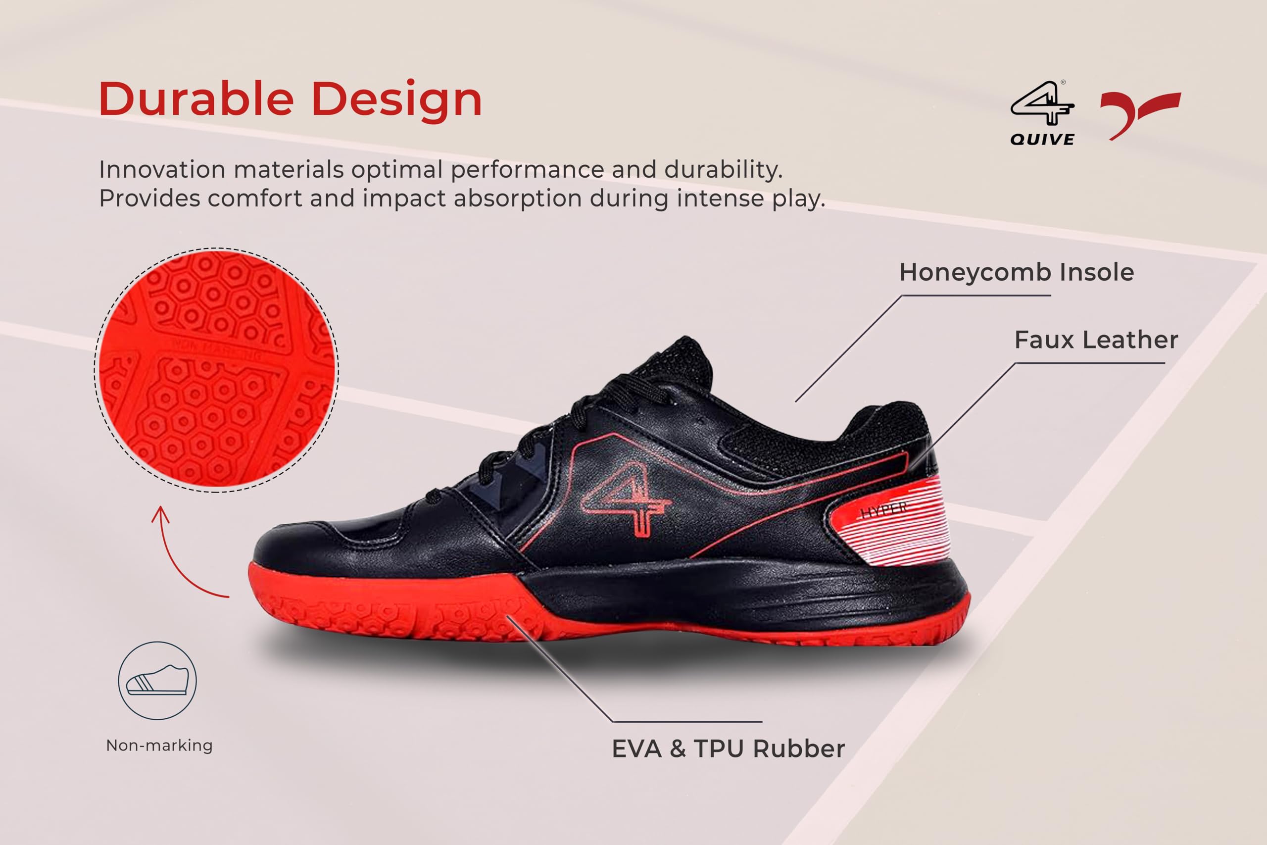 Black sports shoe with red accents on a white background, badminton, squash, tennis, table tennis