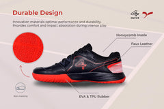 Black sports shoe with red accents on a white background, badminton, squash, tennis, table tennis