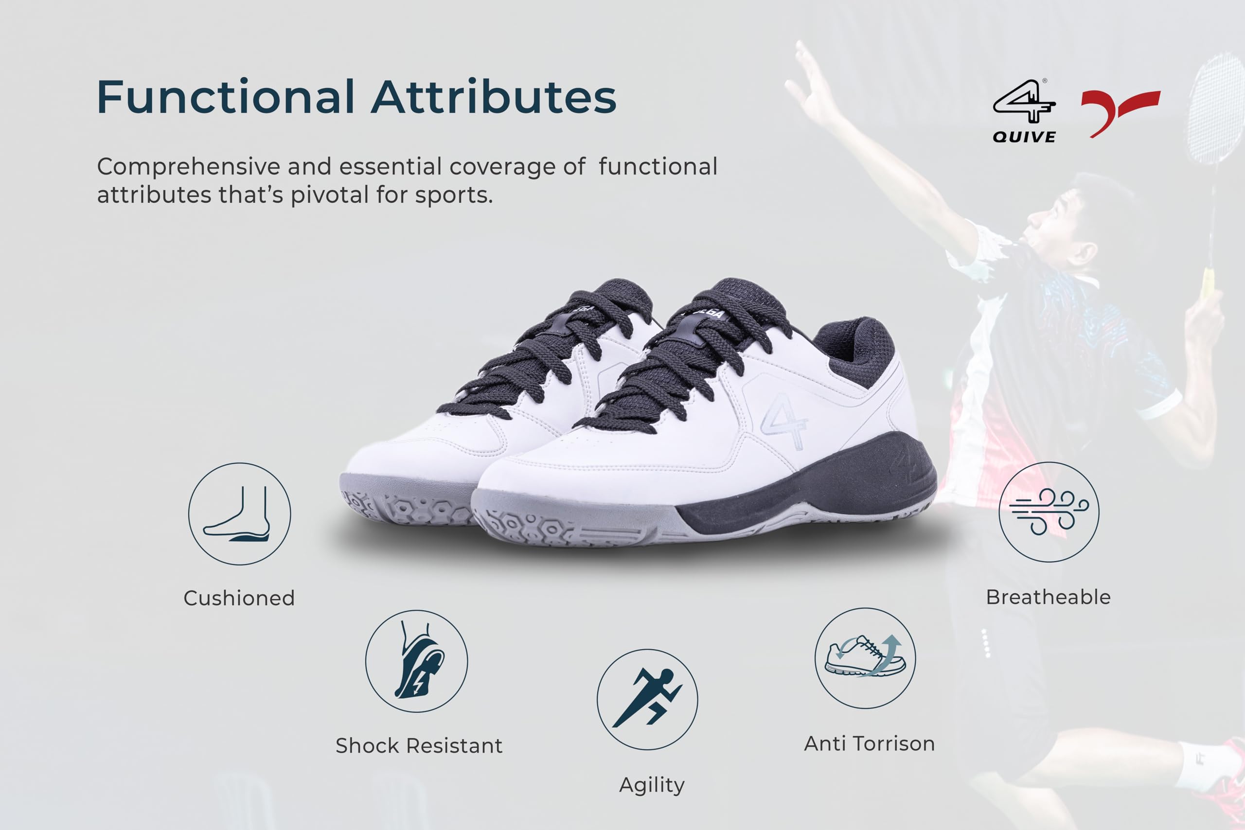 White sports shoe with black accents on a white background, badminton, squash, tennis, table tennis