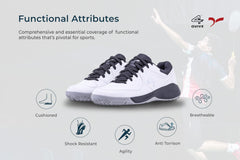 White sports shoe with black accents on a white background, badminton, squash, tennis, table tennis