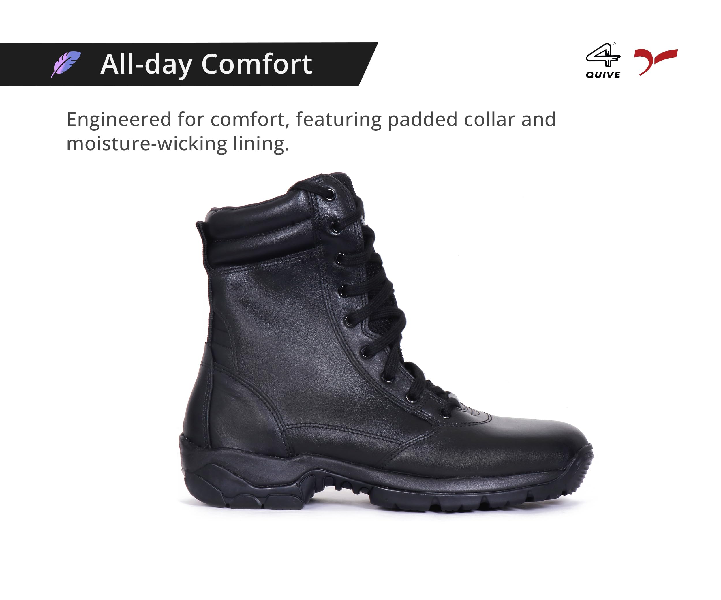 A pair of black mid-calf leather combat boots with lace-up closure and a sole designed for off-road and tactical use.