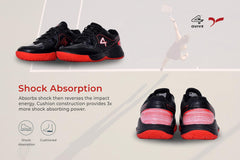 Black sports shoe with red accents on a white background, badminton, squash, tennis, table tennis