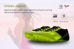 Bright green and black running shoe with cleats on a white background