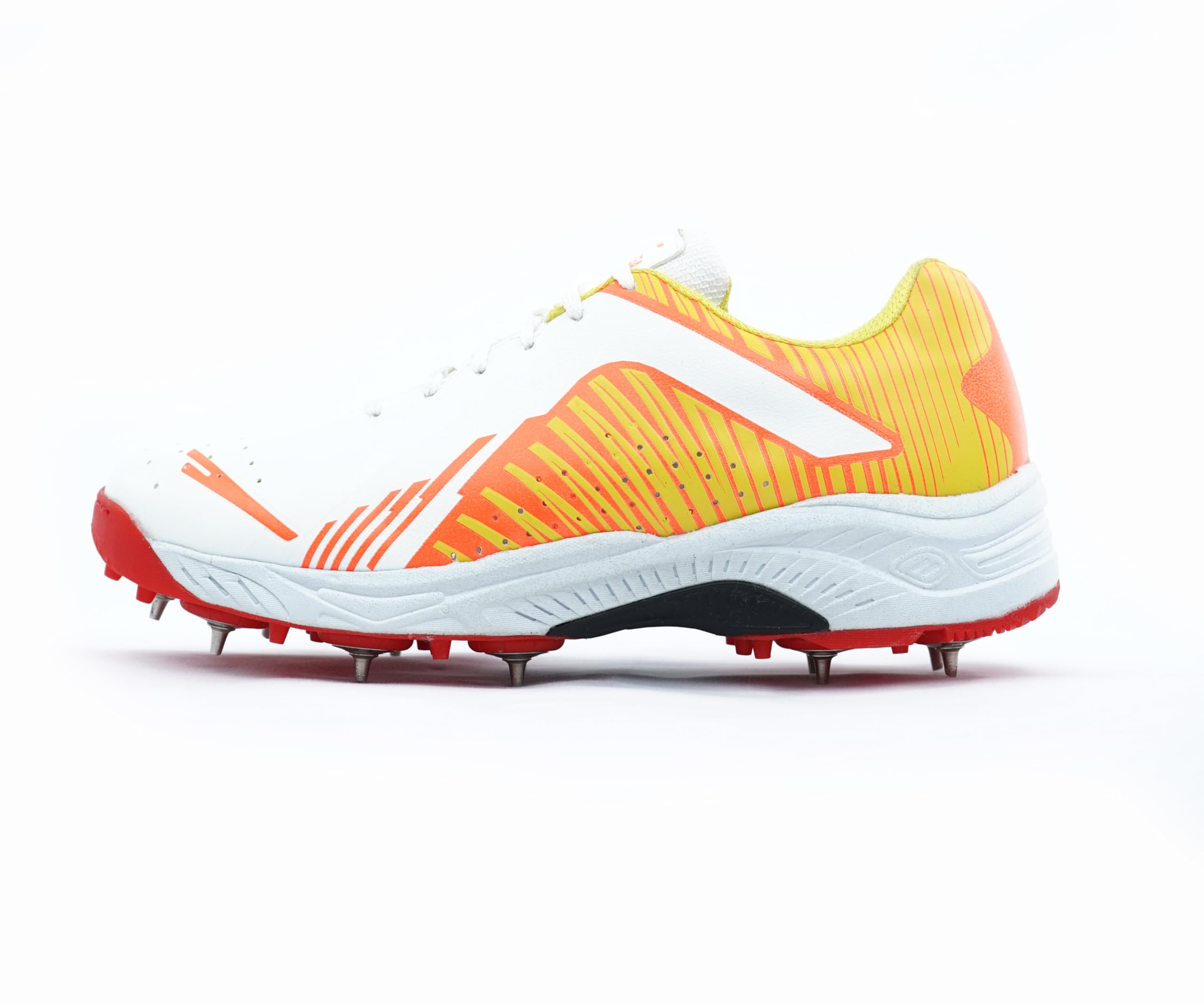 White, orange, and red cricket shoes sports cleats on a white background