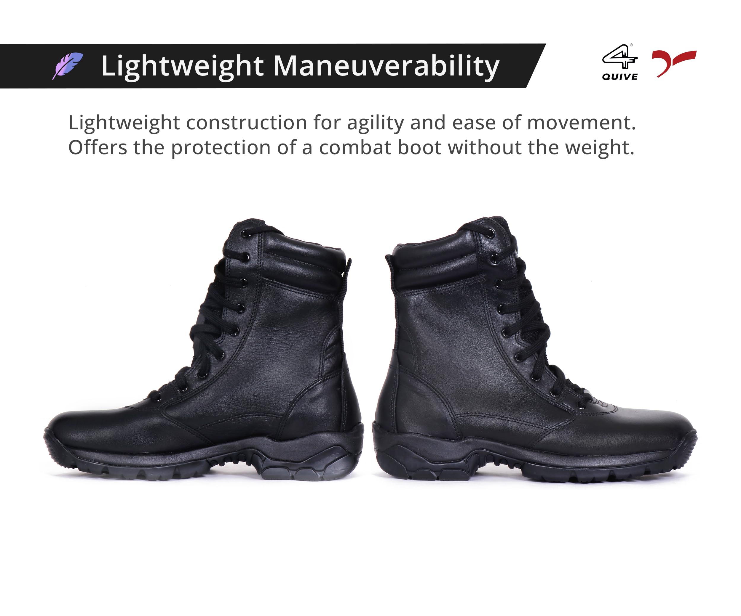 A pair of black mid-calf leather combat boots with lace-up closure and a sole designed for off-road and tactical use.