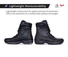 A pair of black mid-calf leather combat boots with lace-up closure and a sole designed for off-road and tactical use.