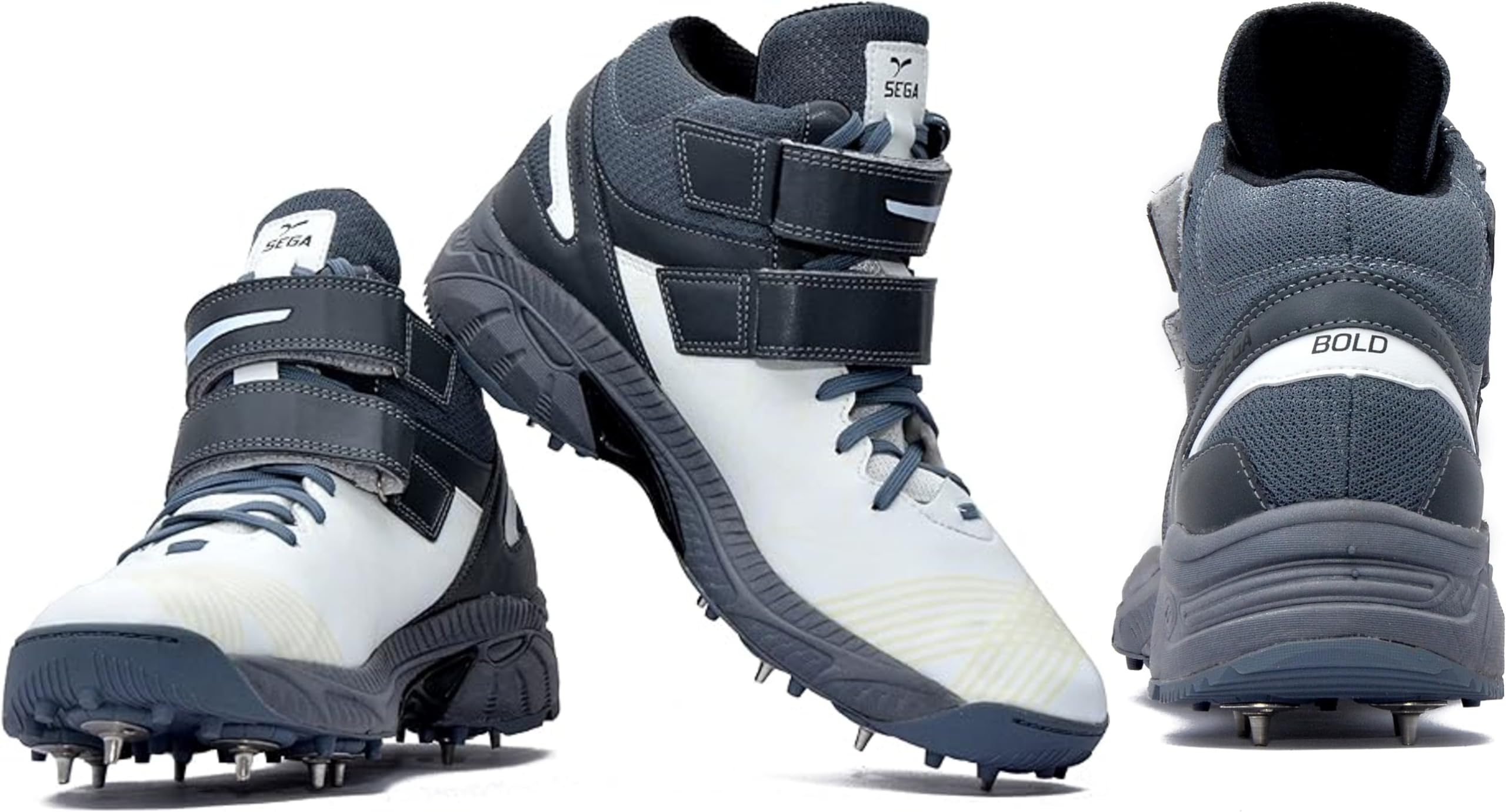 A pair of white, and grey cricket bowling shoes with metal spikes and an external strap for support.
