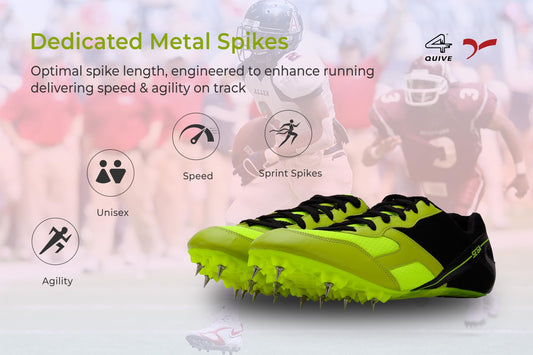 Bright green and black running shoe with cleats on a white background