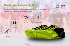 Bright green and black running shoe with cleats on a white background