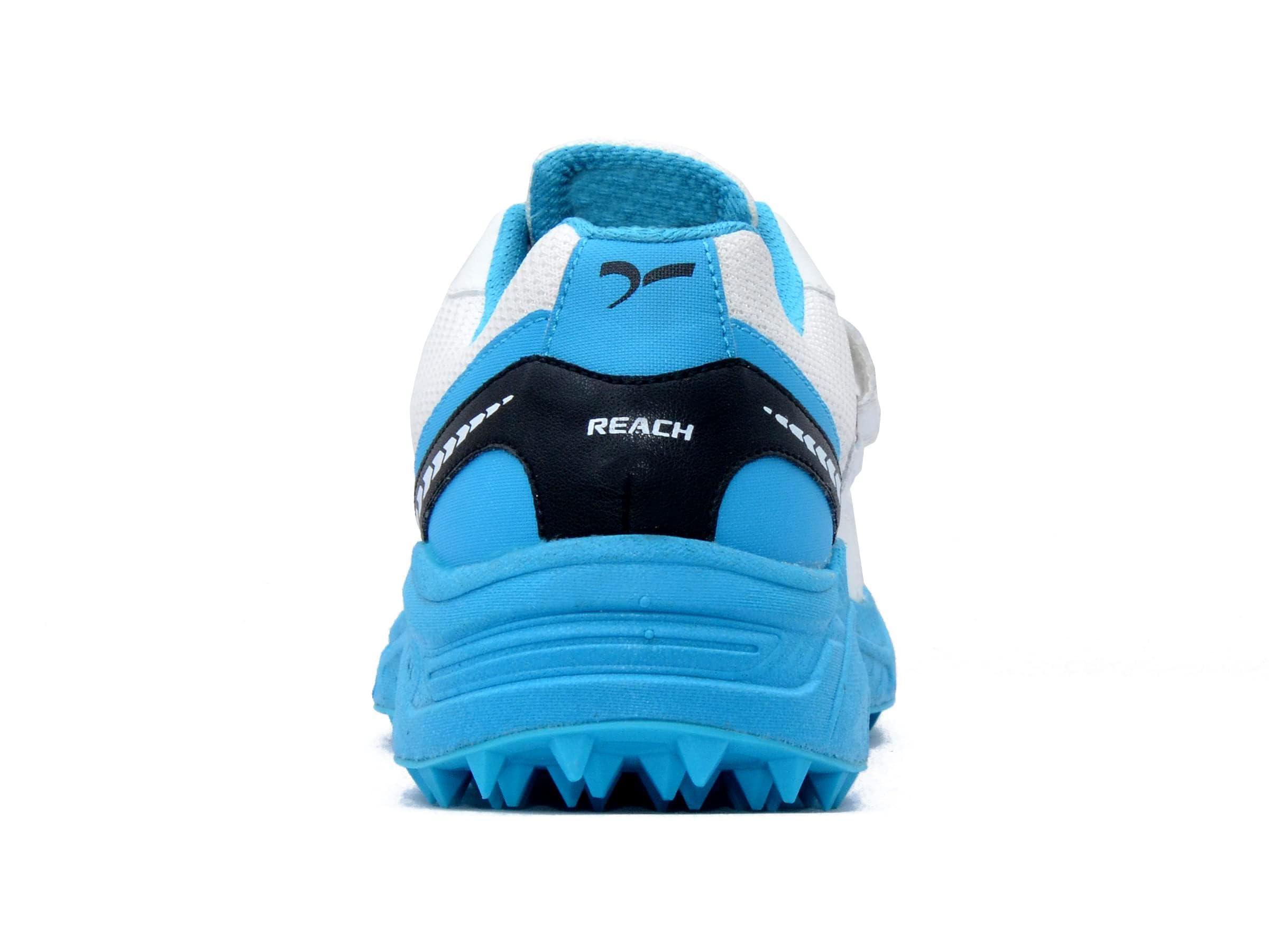 A pair of white, blue QUIVE SEGA REACH Performance Cricket Studs Boots with a synthetic and textile upper, featuring a midfoot band and a rubber outsole.