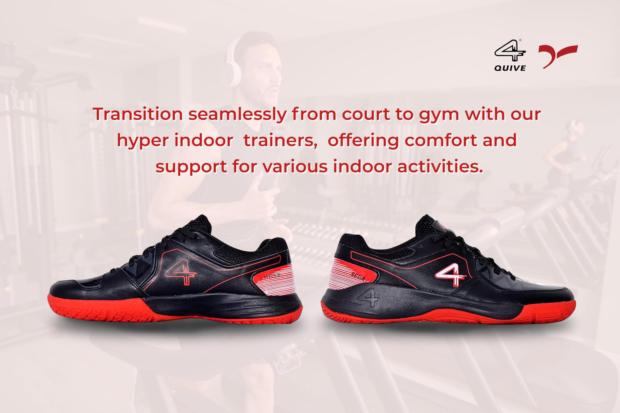 Black sports shoe with red accents on a white background, badminton, squash, tennis, table tennis