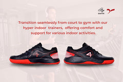 Black sports shoe with red accents on a white background, badminton, squash, tennis, table tennis