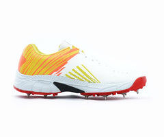 White, orange, and red cricket shoes sports cleats on a white background