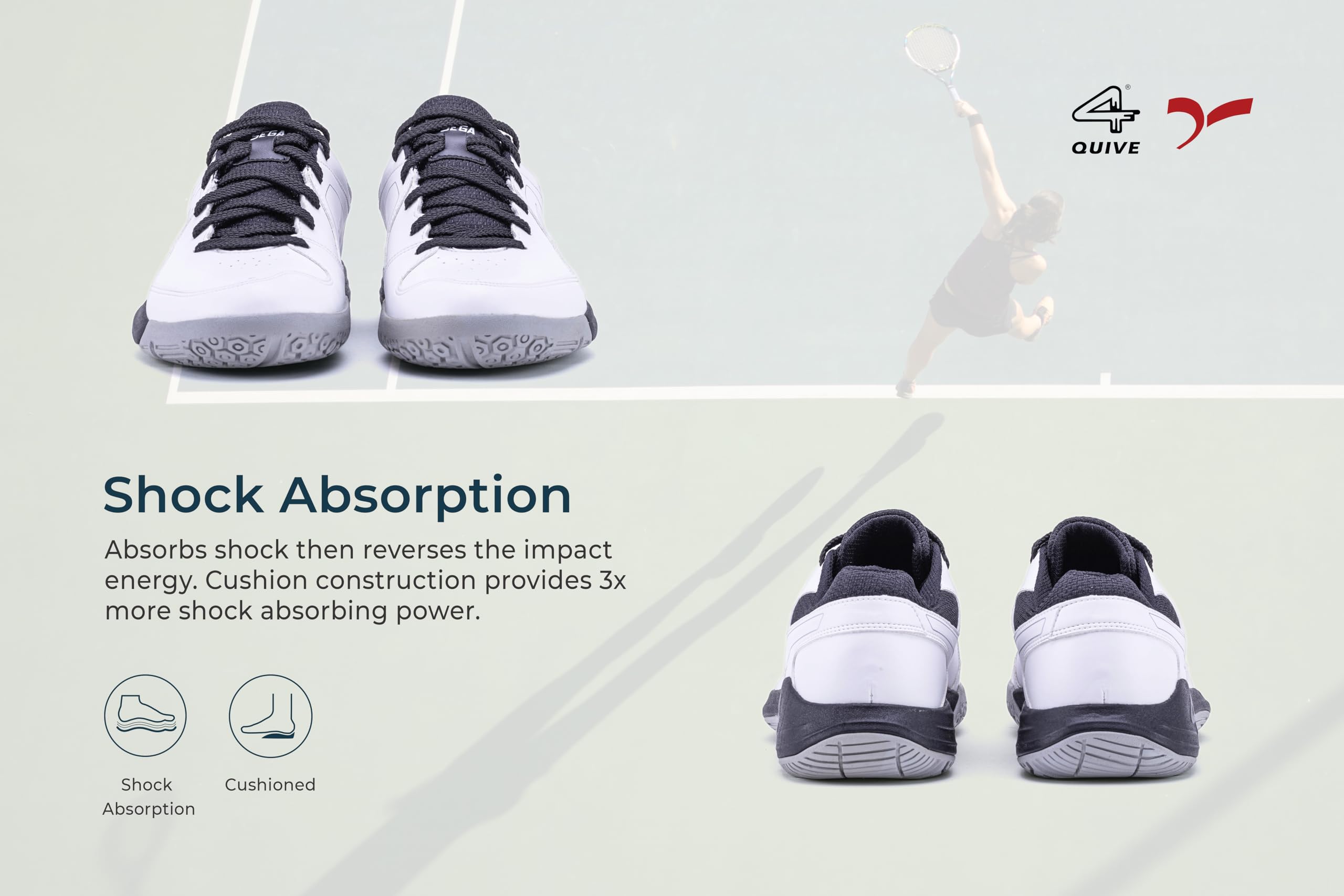 White sports shoe with black accents on a white background, badminton, squash, tennis, table tennis