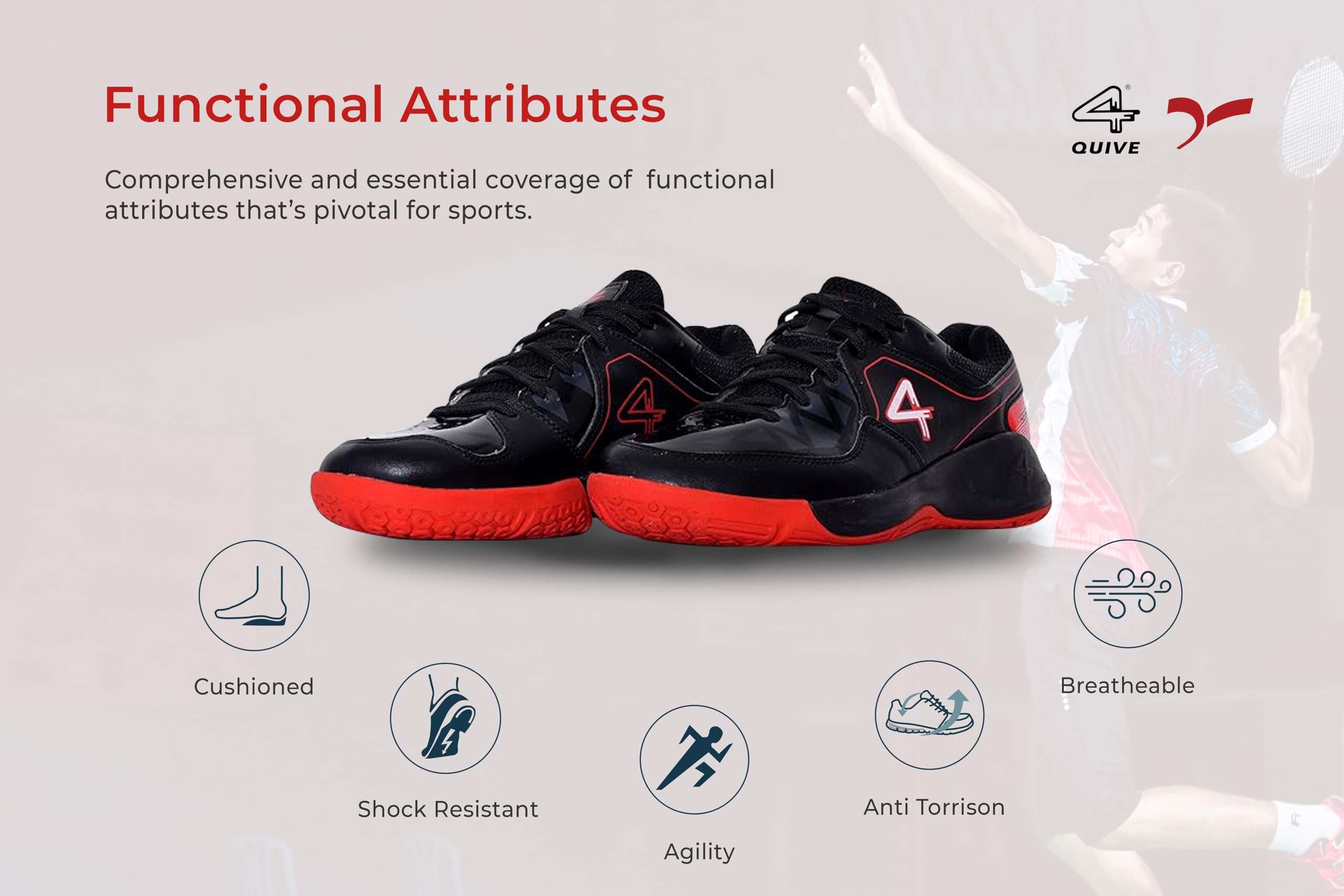 Black sports shoe with red accents on a white background, badminton, squash, tennis, table tennis