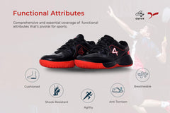 Black sports shoe with red accents on a white background, badminton, squash, tennis, table tennis