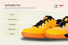 Yellow sports shoe with black accents on a white background, badminton, squash, tennis, table tennis