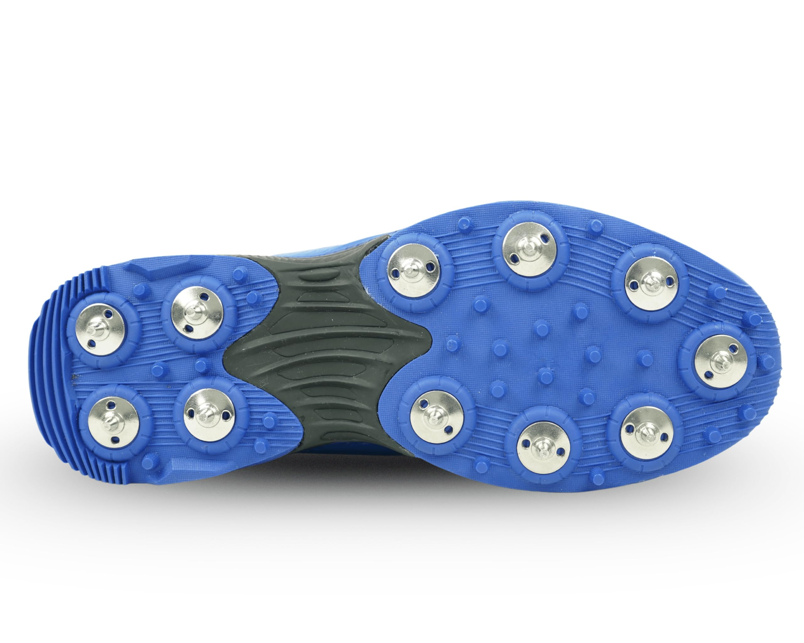 A pair of blue Sega P-25 cricket shoes with yellow accents and metal spikes on the sole.