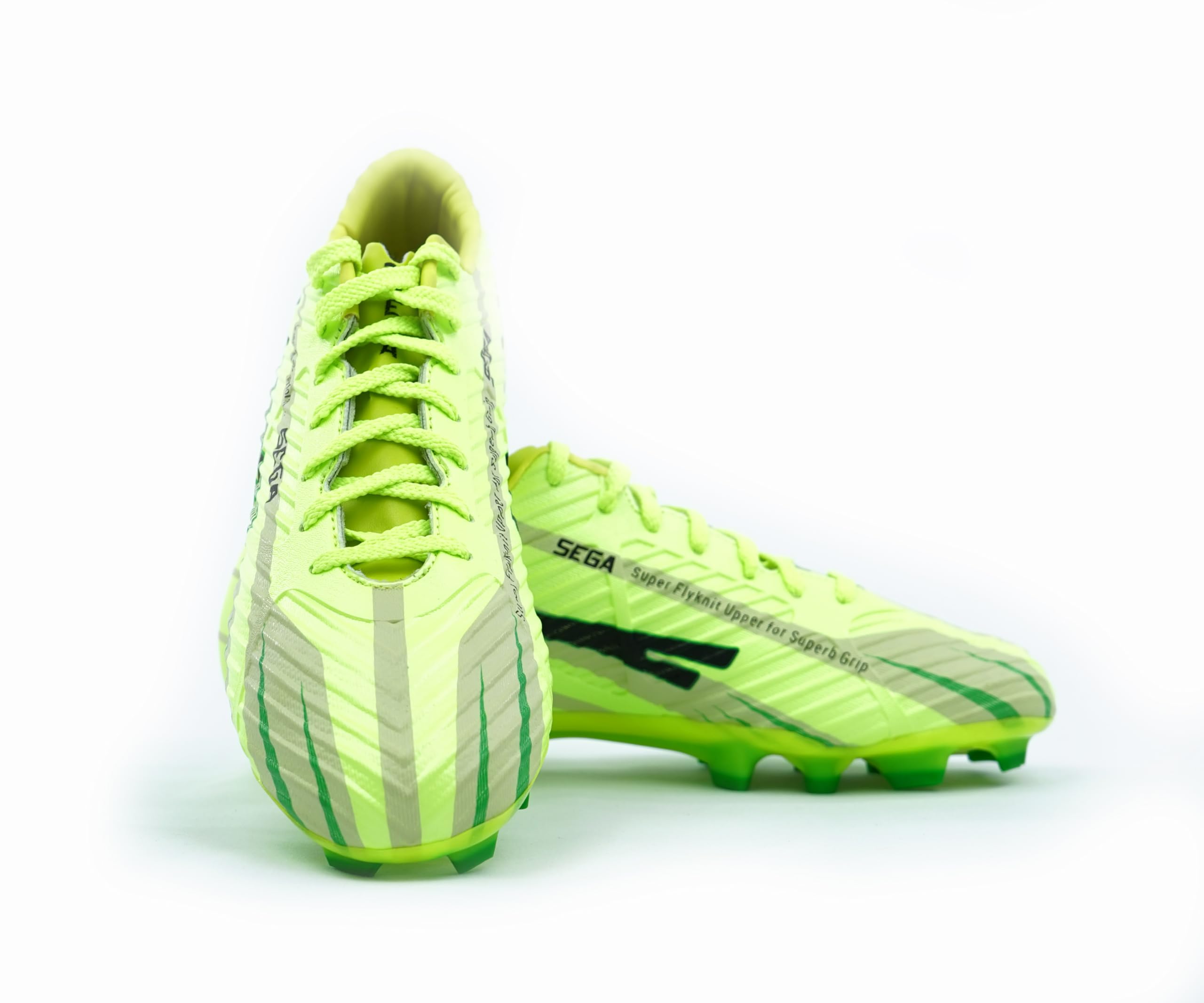 Bright green soccer cleat football boots with black accents on a white background