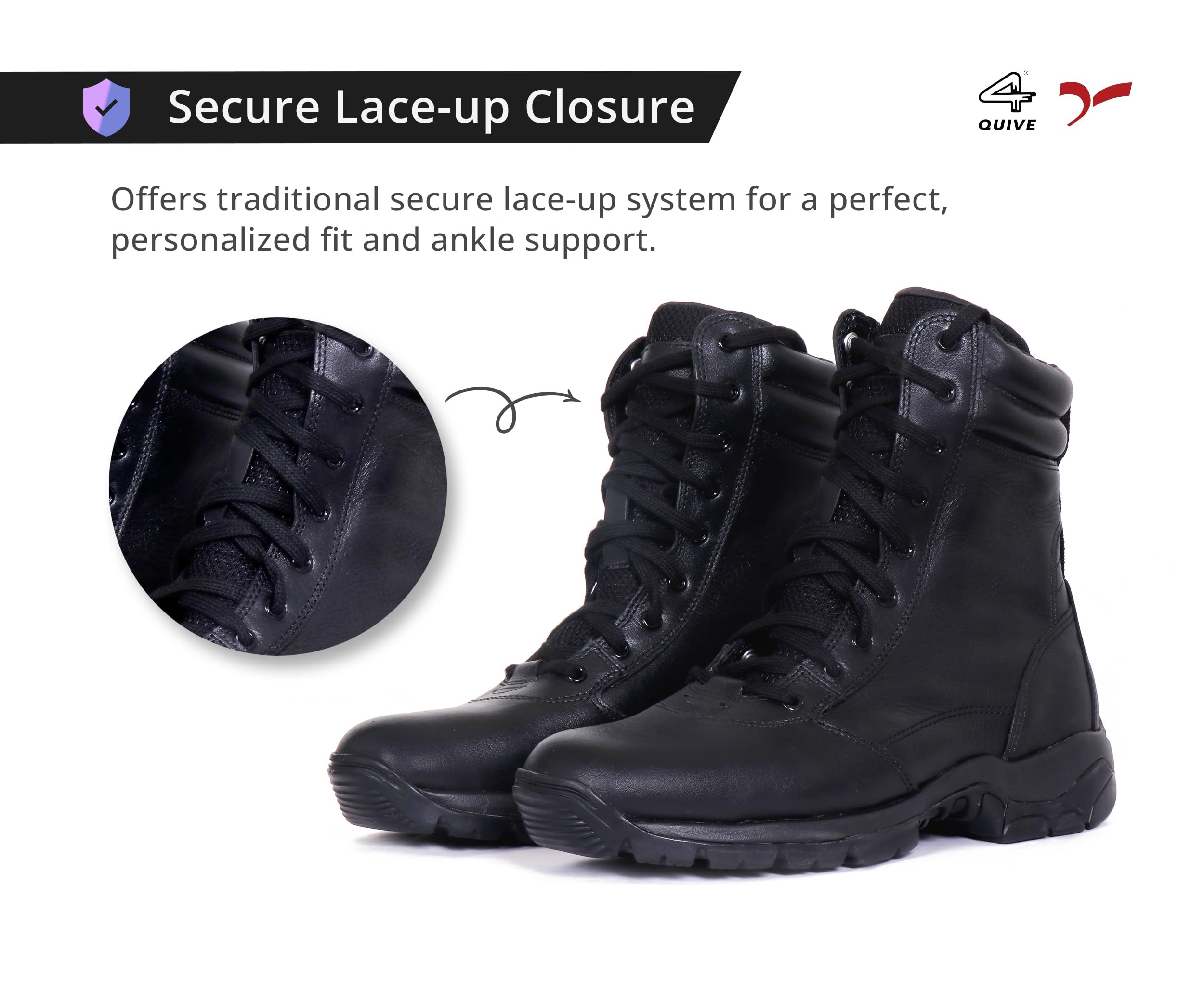 A pair of black mid-calf leather combat boots with lace-up closure and a sole designed for off-road and tactical use.