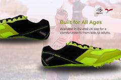 Bright green and black running shoe with cleats on a white background