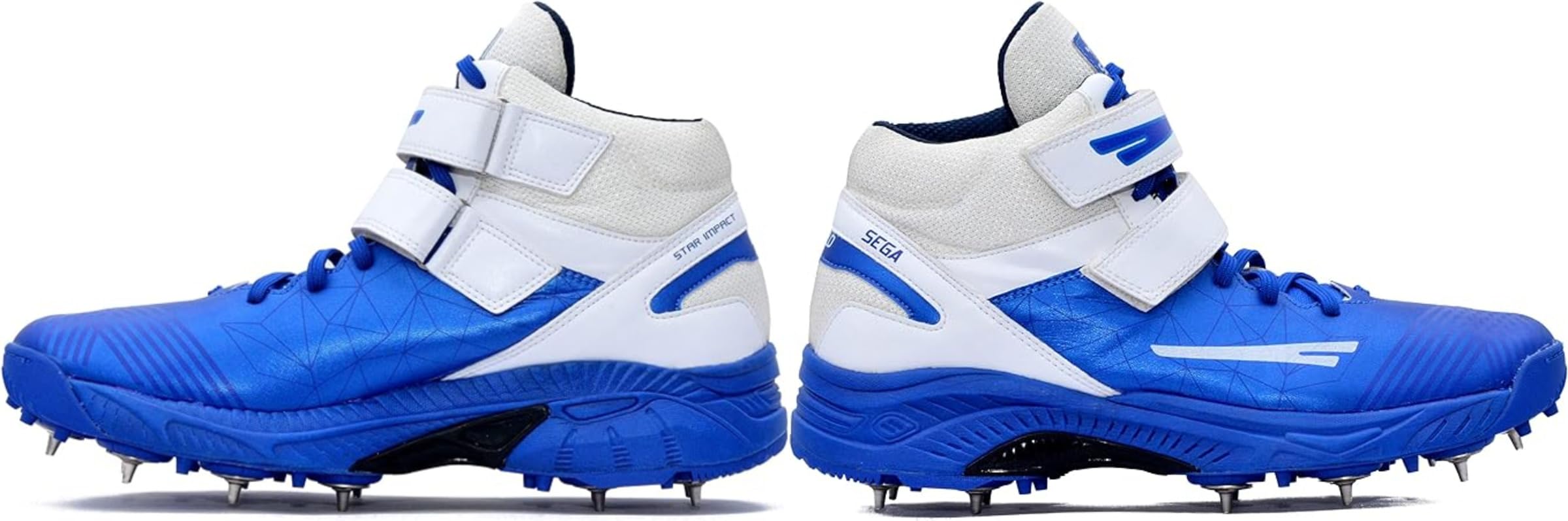 A pair of blue, and white cricket bowling shoes with metal spikes and an external strap for support.