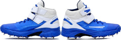 A pair of blue, and white cricket bowling shoes with metal spikes and an external strap for support.