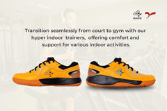 Yellow sports shoe with black accents on a white background, badminton, squash, tennis, table tennis